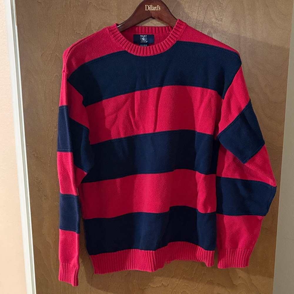 Hunt Club Vibrant Red and Navy Crewneck Sweater- XL